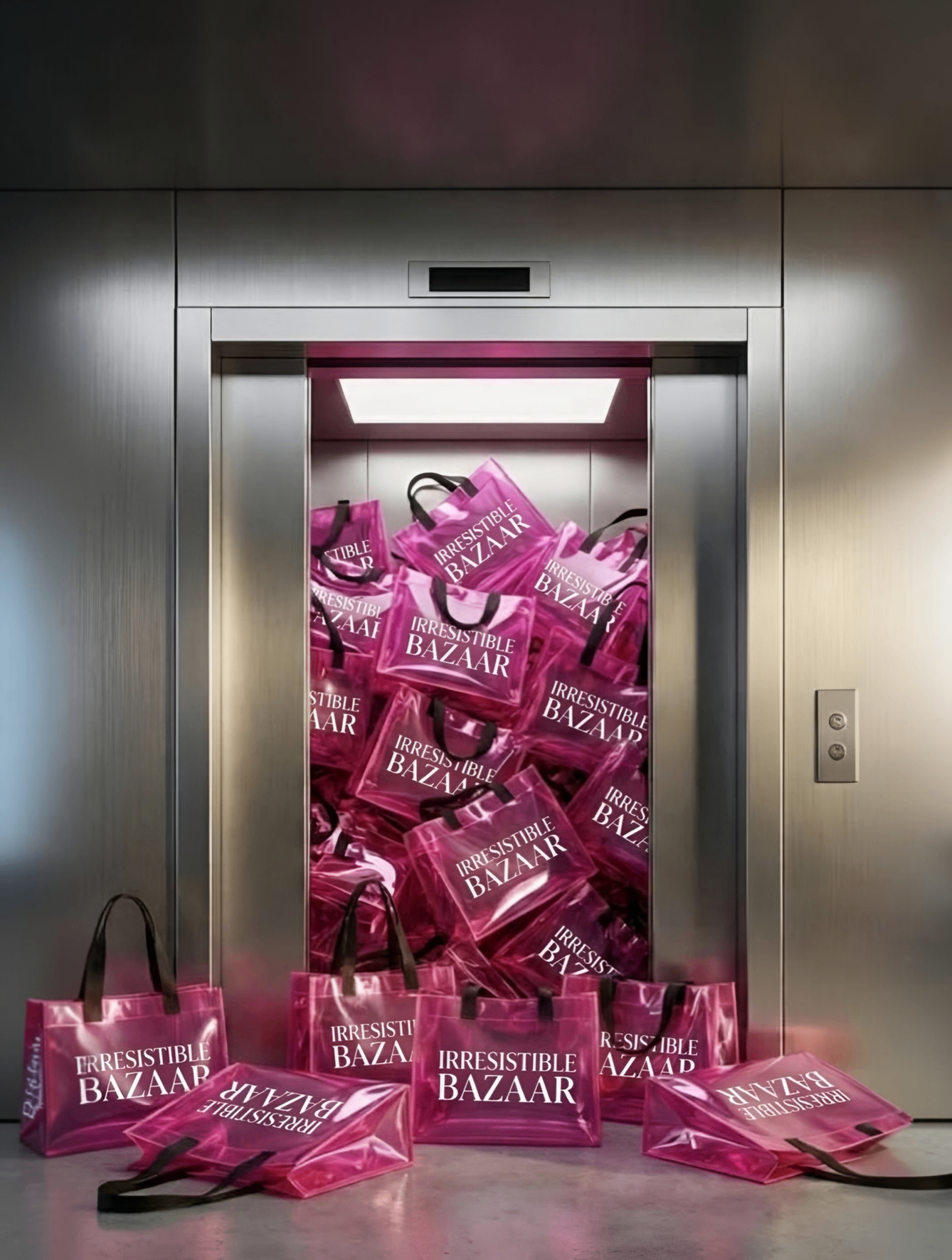 Tumpukan tas belanja Irresistible Bazaar berwarna magenta di dalam lift mall